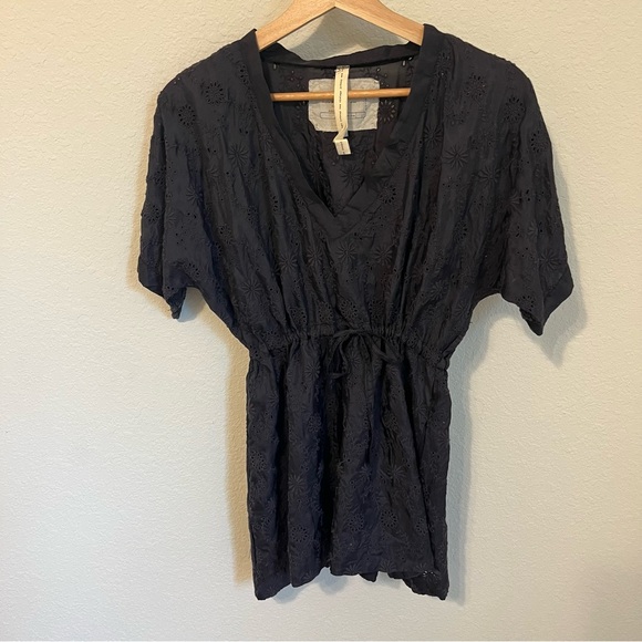 Johnny Was Black Silk Eyelet Drawstring Waist Tunic Top - Picture 2 of 7